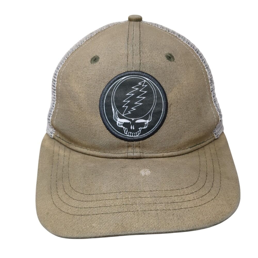 Three In Grateful Dead Snapback Mesh Bag Hat Tan OSFA Embroidered Skull Logo